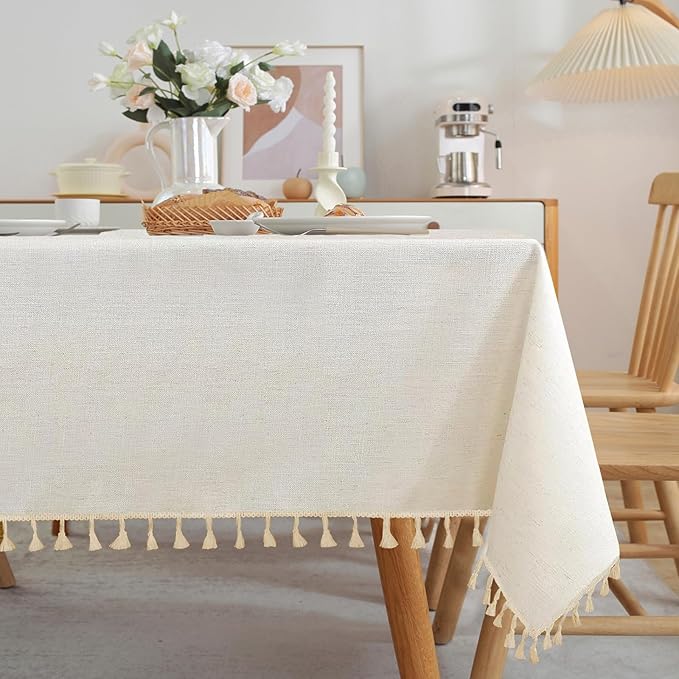 JIALE Textured Tablecloths, Heavy Duty Cotton Linen Farmhouse Table Cloth Rectangle Table, Waterproof Wrinkle-Free Rectangle Tablecloth for Kitchen, Dining, Parties, 55"x90", Ivory