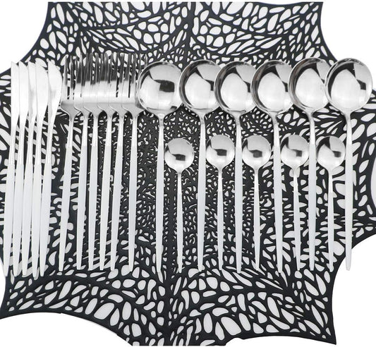 Silverware Set, 24-Piece Stainless Steel Shiny Flatware, Tableware Cutlery for Home and Restaurant, Dishwasher Safe, White Handle Silver