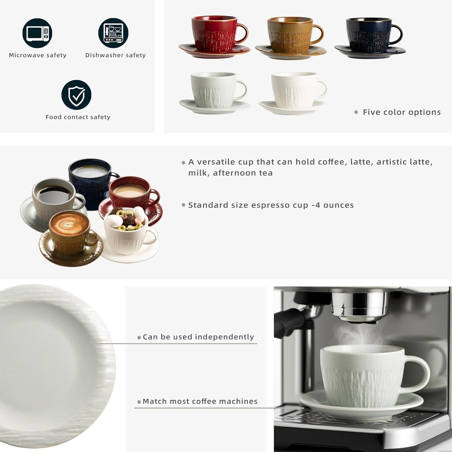 7.4oz Espresso Cups Set of 4 - Ceramic Cappuccino Cups with Saucers - Microwave and Dishwasher Safe, Perfect For Tea, Latte - Porcelain Drinkware for Kitchen or Cafe (grey)