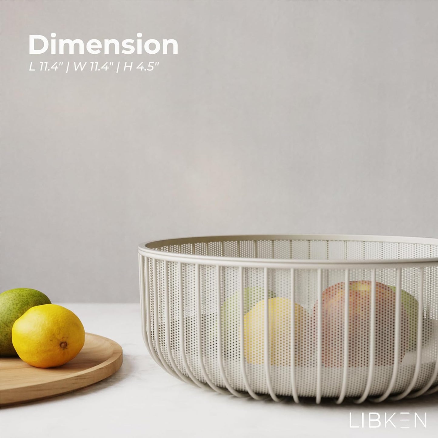 Metal Wire Mesh Fruit Baskets with Wooden Lid - Fly-Proof Indoor Solution for Fresh Fruits - Covered Fruit Bowl - Produce Cover Against Flies for Vegetables - Warm Gray