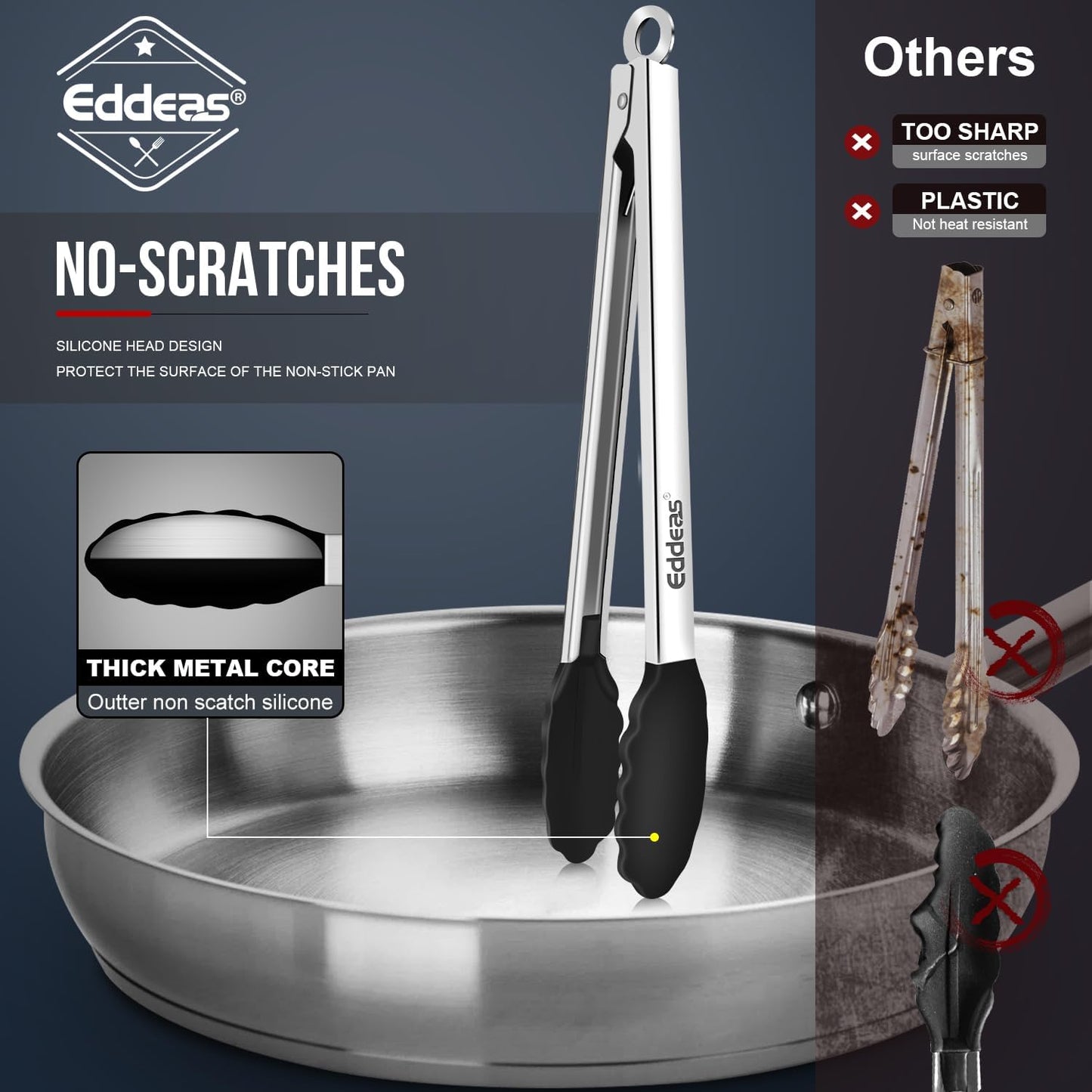 Kitchen Tongs with Silicone Tips, Heat Resistant 600 Degrees All Metal handle Locking Tongs For Cooking with Rubber Tips, Heavy Duty Stainless steel Food Tongs, Set of 3-7" 9" & 12" Black