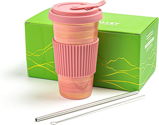 Travel Coffee Mug Pink, Ceramic Coffee Mug With Lid And Drinking Straw(15oz/450ml), Handcrafted Novelty Travel Mugs, Microwave & Dishwasher Safe Tumbler With Lid, Unique Gifts