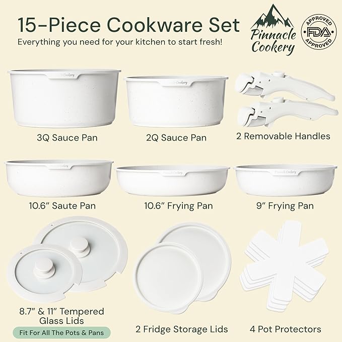 15-Piece White Granite Nonstick Cookware Set – Detachable Handles & Tempered Glass Lids – Stackable & Cool-Touch - Induction & Oven Safe to 480°F - Scratch-Resistant, PFOA & PFOS-Free