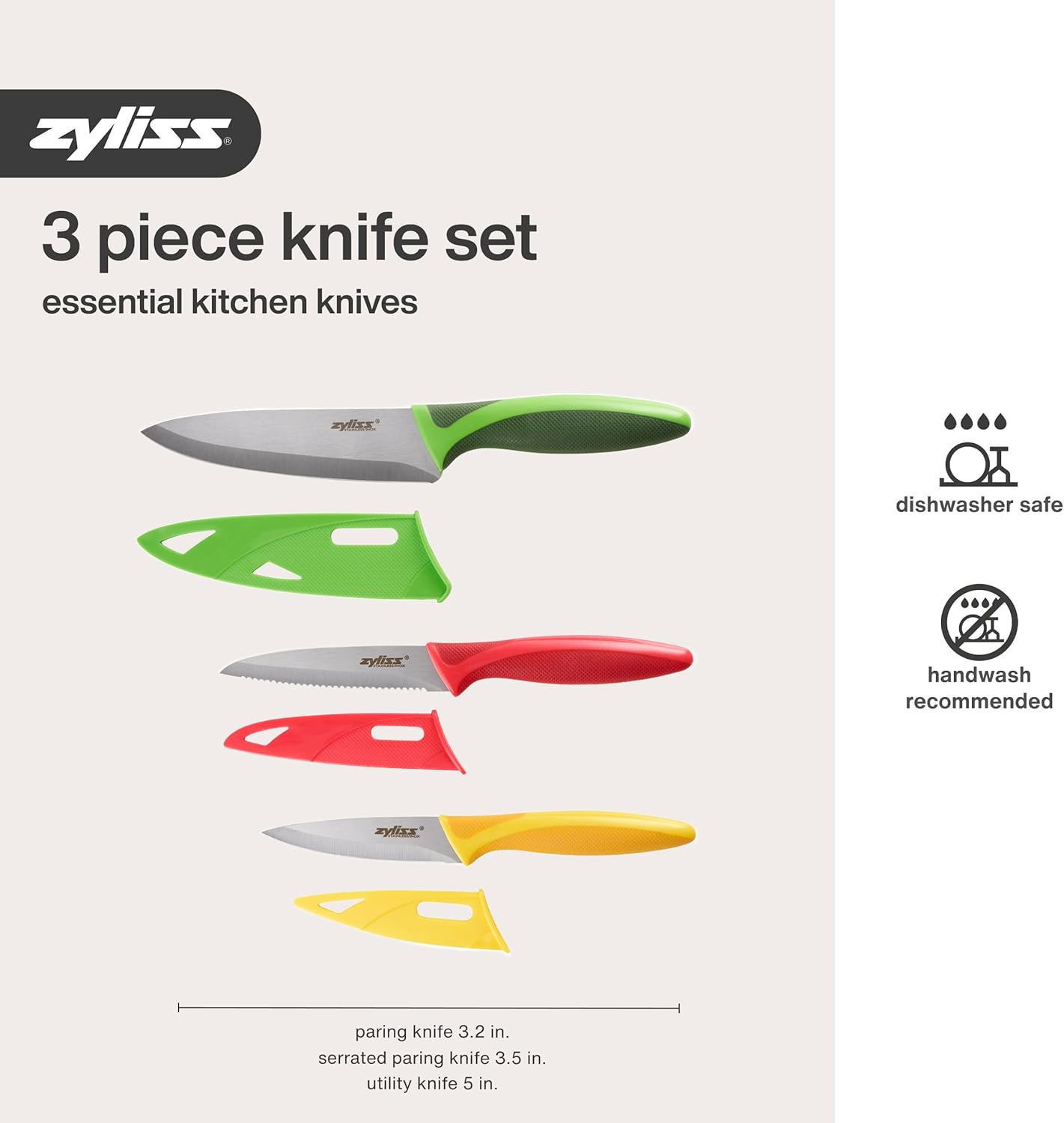 Zyliss 3 Piece Knife Value Set - Kitchen Knife Set - Kitchen Knife Set with Sheath Covers - Includes Paring, Serrated Paring & Utility Knives - Stainless Steel