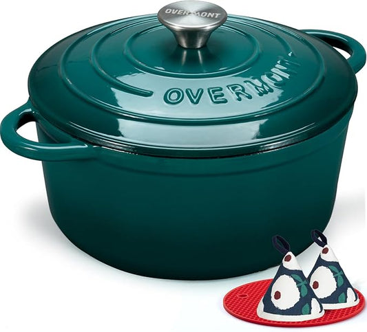 Overmont Enameled Cast Iron Dutch Oven - 5.5QT Pot with Lid Cookbook & Cotton Potholders - Heavy-Duty Cookware for Braising, Stews, Roasting, Bread Baking bottle green