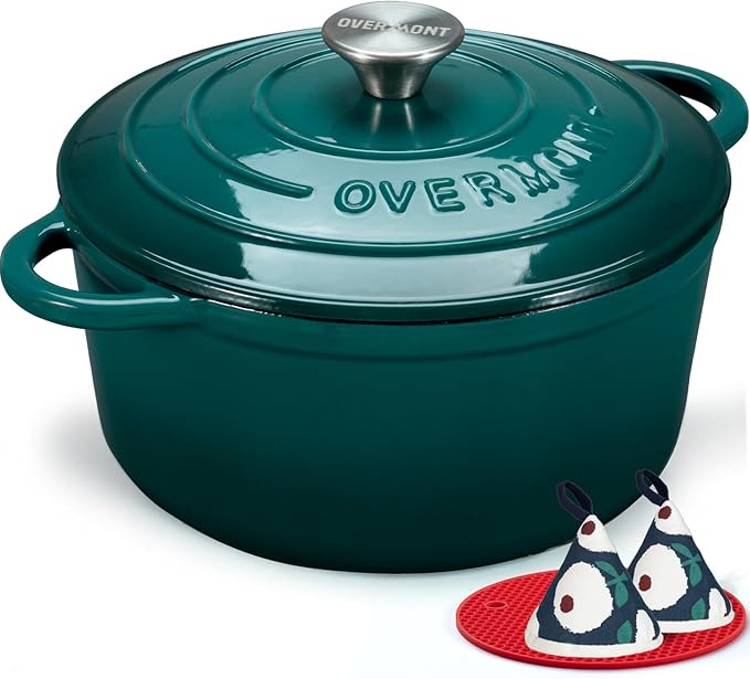Overmont Enameled Cast Iron Dutch Oven - 7QT Pot with Lid Cookbook & Cotton Potholders - Heavy-Duty Cookware for Braising, Stews, Roasting, Bread Baking bottle green