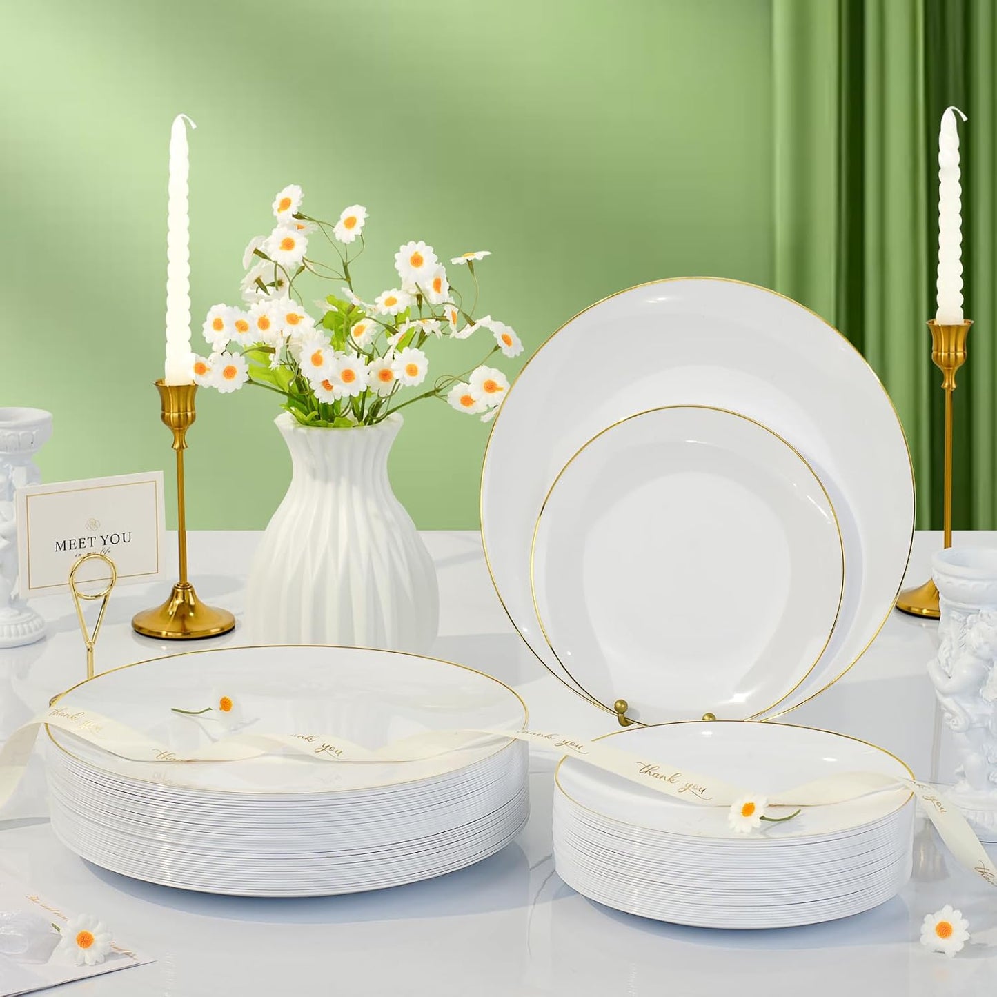 350 Pieces White Gold Plastic Dinnerware Set, Gold Disposable Plates for Party, Graduation, Include 100 White Plates with 150 Plastic Cutlery, 50 Napkins and 50 Cups