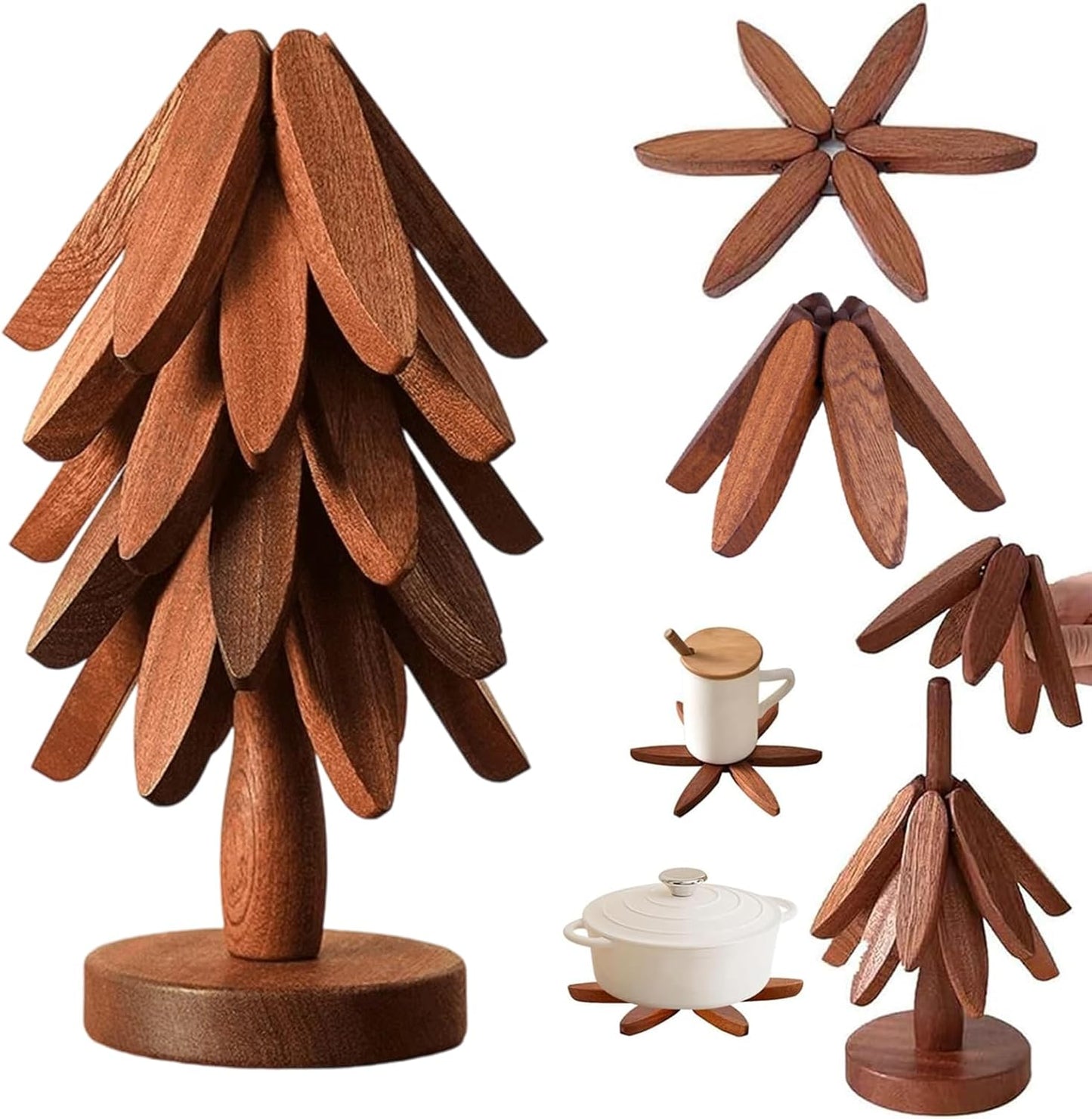 Walnut Wood Tree Trivet Set, Wooden Trivets for Hot Dishes-Tree Shape Trivet Set, Foldable Kitchen WoodenTrivet,for HotDishes Pot Bowl Teapot Hot Pot Holder (Walnut-5 Bracket)