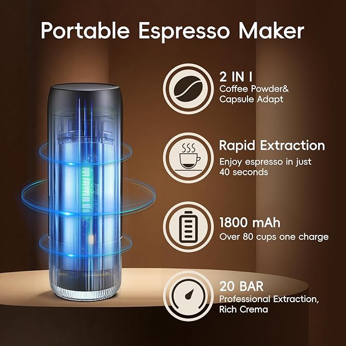 Portable Espresso Maker, 20Bar Pressure & Up to 60 Cups per Charge, Battery Operated Portable Coffee Maker, Works with Ground Coffee & Capsules, for Camping, Car, Travel, and Office Use.