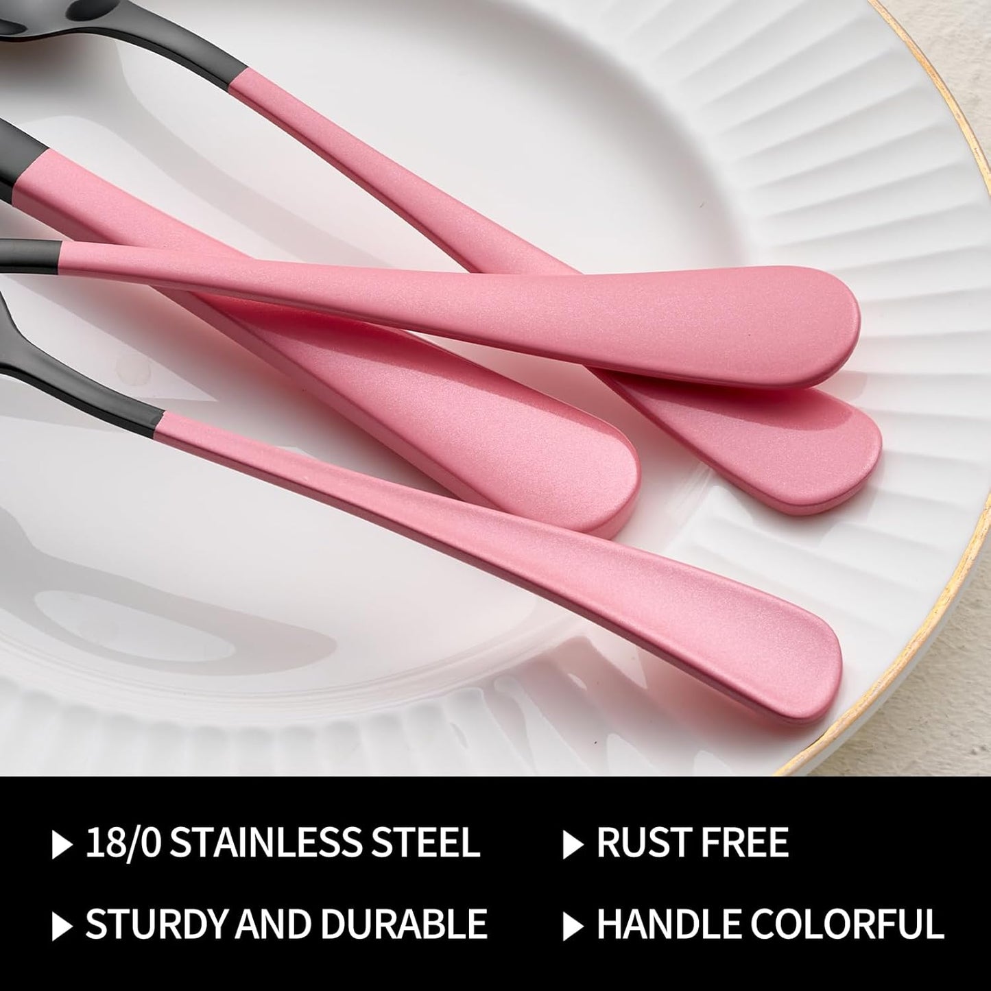 20-Pieces Blac and Pink Silverware Sets for 4,Pink Handle Stainless Steel Cutlery Set, Include Forks Spoons and Knives Set, Dishwasher Safe Utensil Sets for Home Restaurant