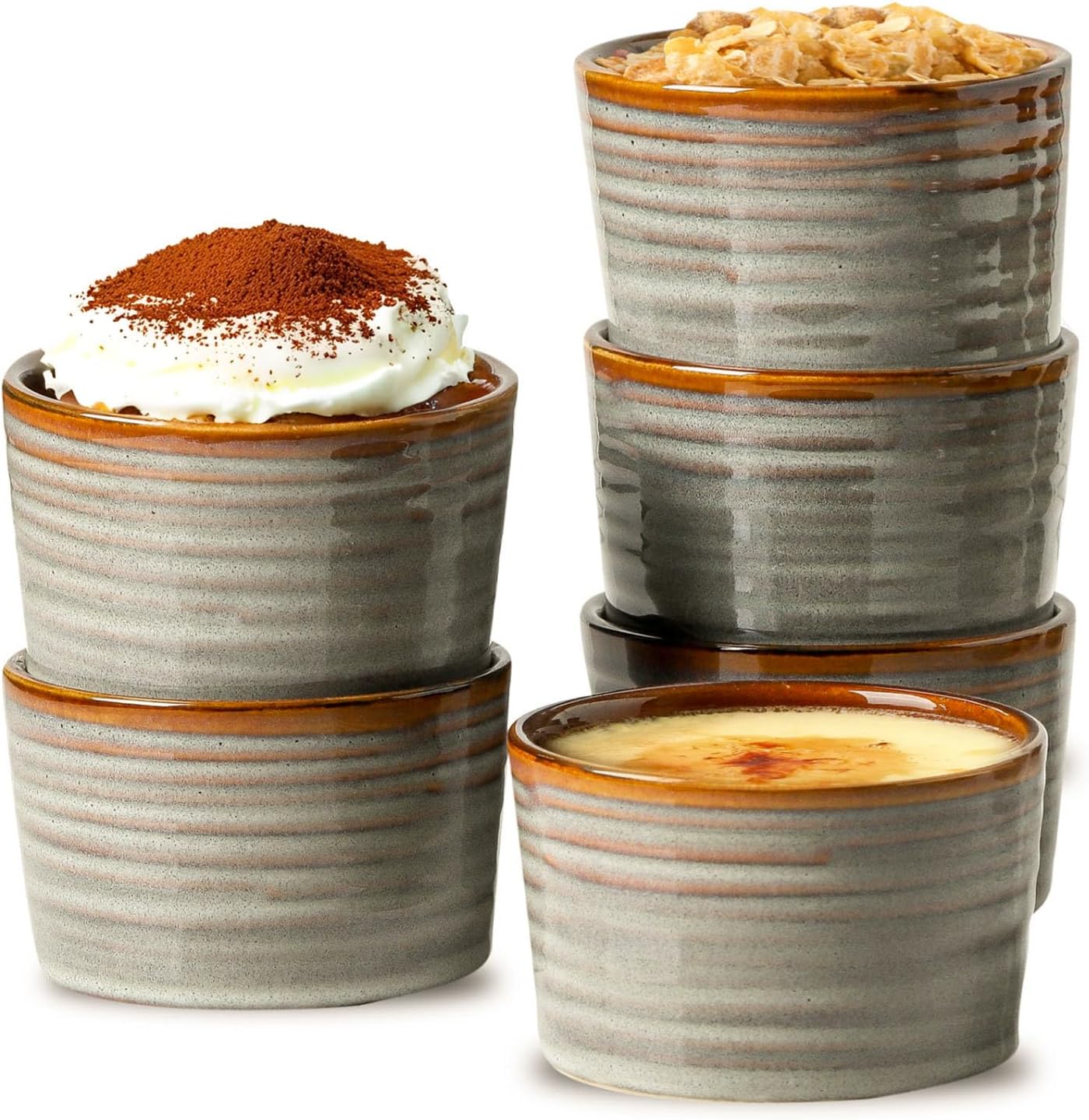 Hasense Creme Brulee Ramekins Oven Safe, 8 Ounce Ceramic Souffle Dish Set of 6, Small Dipping Sauce Bowls for Pudding, Souffle, Serving Dip, Custard, Ice Cream, Light Grey