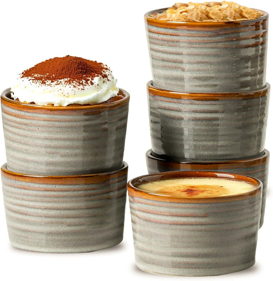 Hasense Creme Brulee Ramekins Oven Safe, 8 Ounce Ceramic Souffle Dish Set of 6, Small Dipping Sauce Bowls for Pudding, Souffle, Serving Dip, Custard, Ice Cream, Light Grey