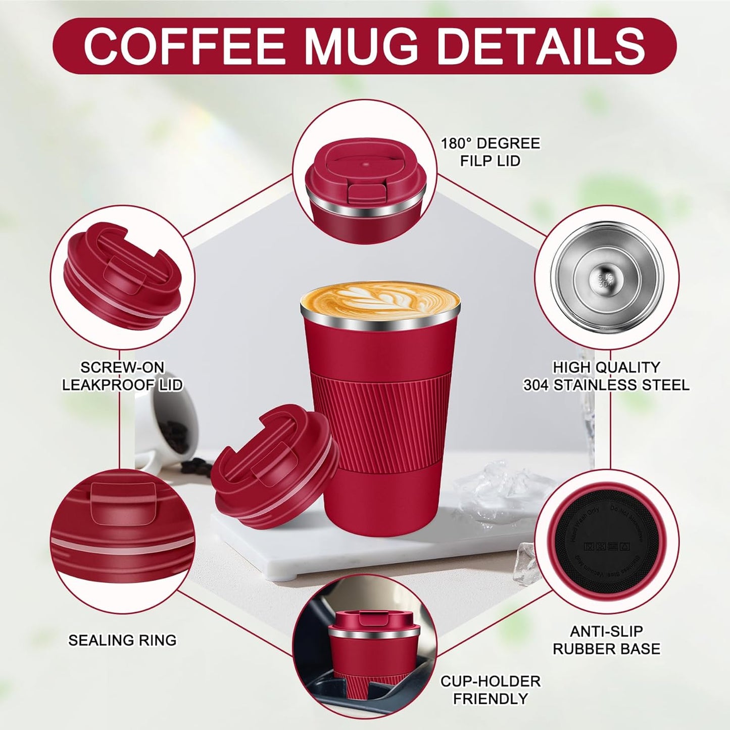 Coffee Travel Mug 12oz Insulated Coffee Mug with Lid Portable Spill-Proof Coffee Travel Mug No Handle Reusable Stainless Steel Mug Keeps Cold and Hot Suitable for Car, Daily, Travel and Gifts