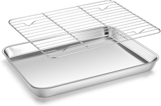 Homikit Baking Sheet with Wire Rack, 10 x 8 Inch Stainless Steel Cookie Sheets for Baking, Small Baking Pan with Cooling Rack, Nonstick Metal Toaster Oven Bacon Tray, Rust Free & Dishwasher Safe
