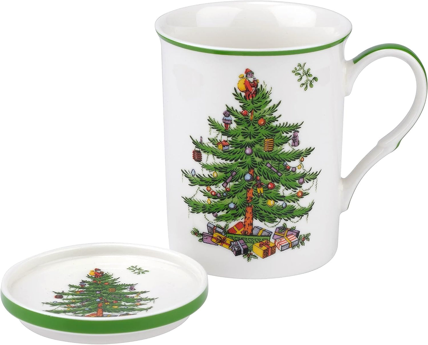Spode Christmas Tree 12 oz Mug & Coaster Set - Holiday Coffee Cup, Tea Cup, Hot Chocolate Mug, Christmas Drinkware, Festive Tableware, Holiday Gift - Fine Porcelain, Dishwasher & Microwave Safe