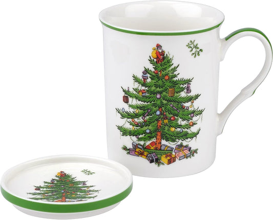 Spode Christmas Tree 12 oz Mug & Coaster Set - Holiday Coffee Cup, Tea Cup, Hot Chocolate Mug, Christmas Drinkware, Festive Tableware, Holiday Gift - Fine Porcelain, Dishwasher & Microwave Safe
