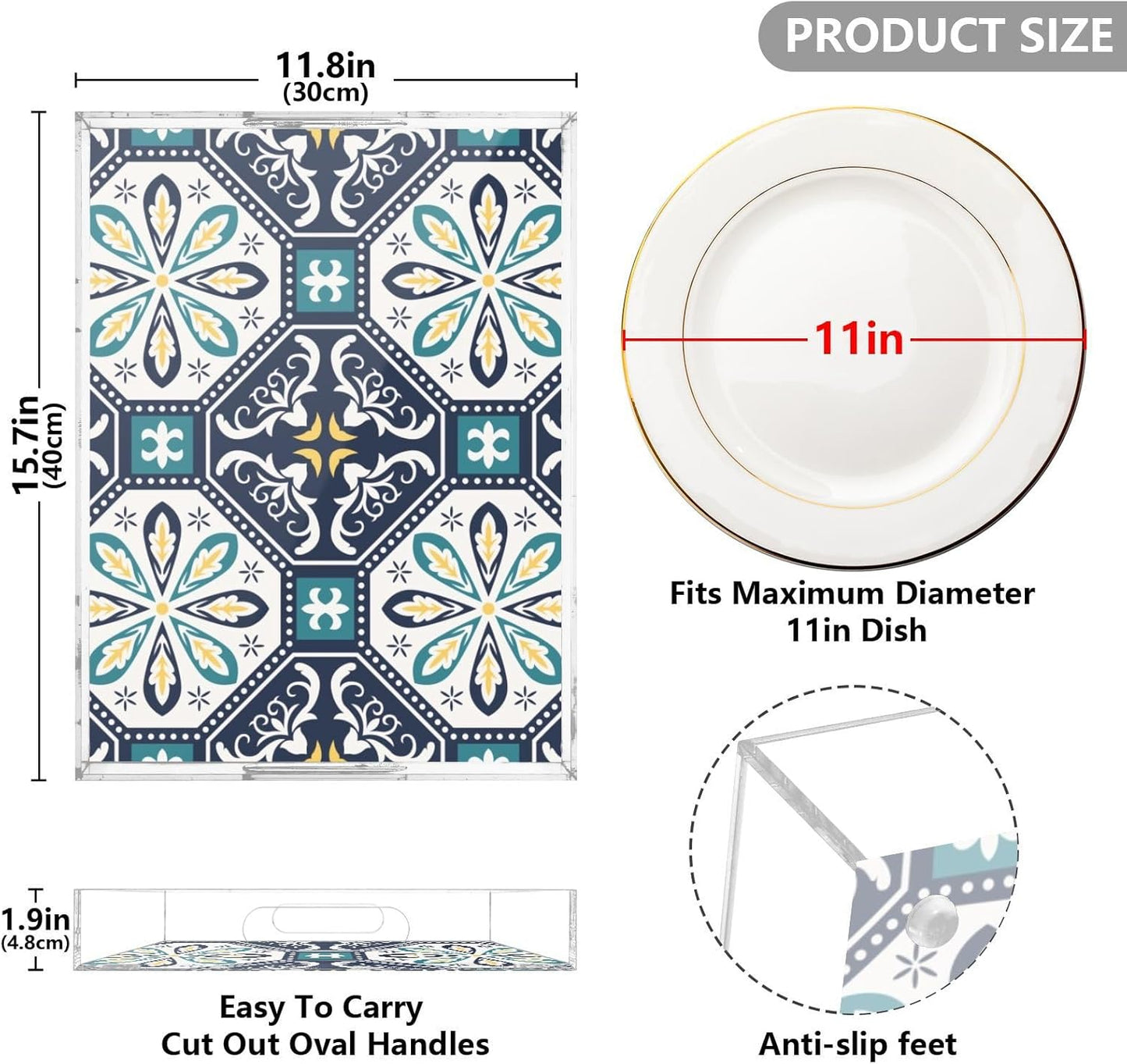 Acrylic Serving Tray with Handles Spill Proof Kitchen Storage Tray Clear Decorative Tray Makeup Drawer Organizer Storage Tray for Bathroom Living Room Ottoman 15.7x11.8Inches