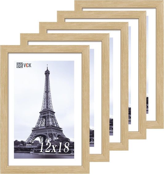VCK 12x18 Oak Wood Frame for Poster & Picture, Natural Solid Wood Photo Frames 5 Pack, Wall Gallery Frame