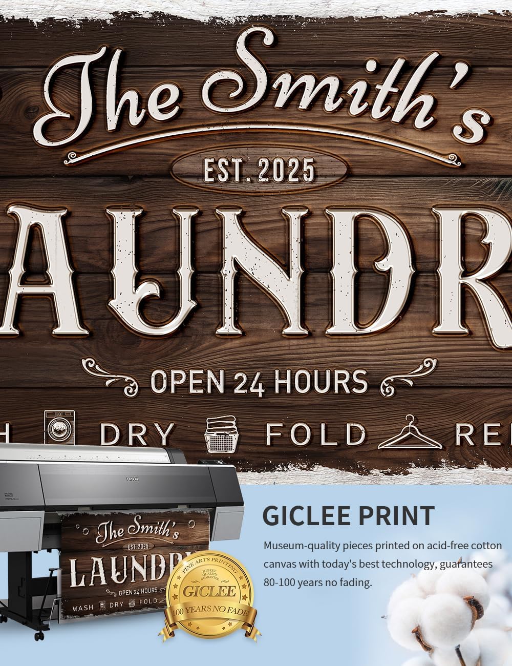 IPIC - Personalized Laundry Room Sign, Custom Canvas Wall Art with Family Name, Rustic Home Decor Printed Acid-Free Cotton Canvas for Business and Home, Made in USA and Ready to hang for Laundry Decor