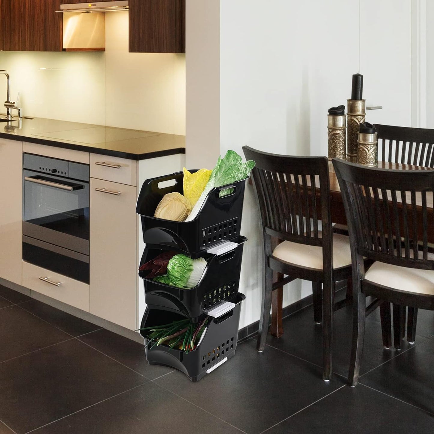 Teyyvn 3-Pack Plastic Stackable Storage Bins, Black Stackable Bins For Pantry