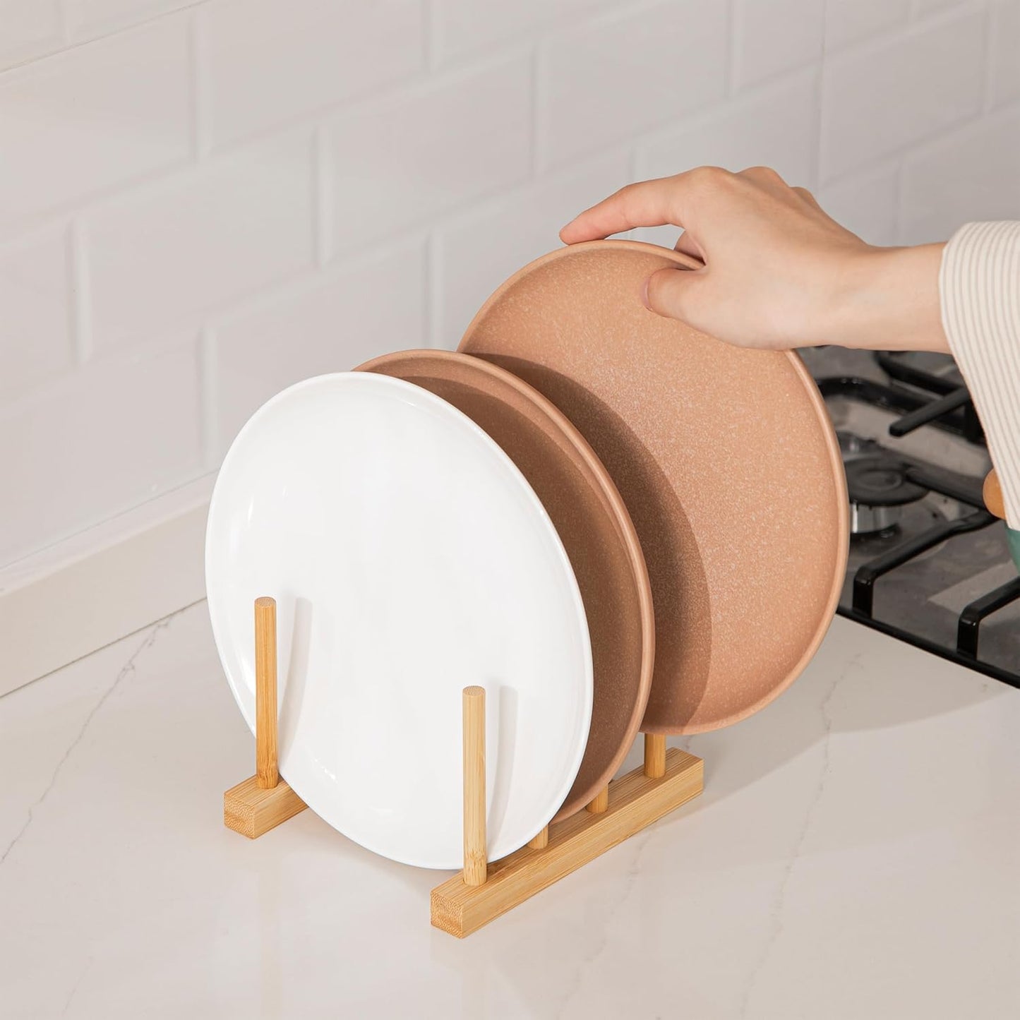 HBlife Bamboo Dish Plate Bowl Cup Book Pot Lid Cutting Board Drying Rack Stand Drainer Storage Holder Organizer Kitchen Cabinet（Keep Dry）