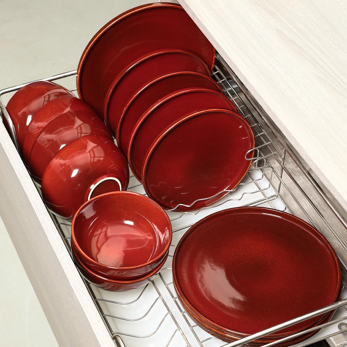 Vicrays Ceramic 12 Pieces Dinnerware Set - Dinner Plates Salad Plates Cereal Bowls Set Service for 4 - Scratch Resistant Microwave Oven Dishwasher Safe - Cherry Red