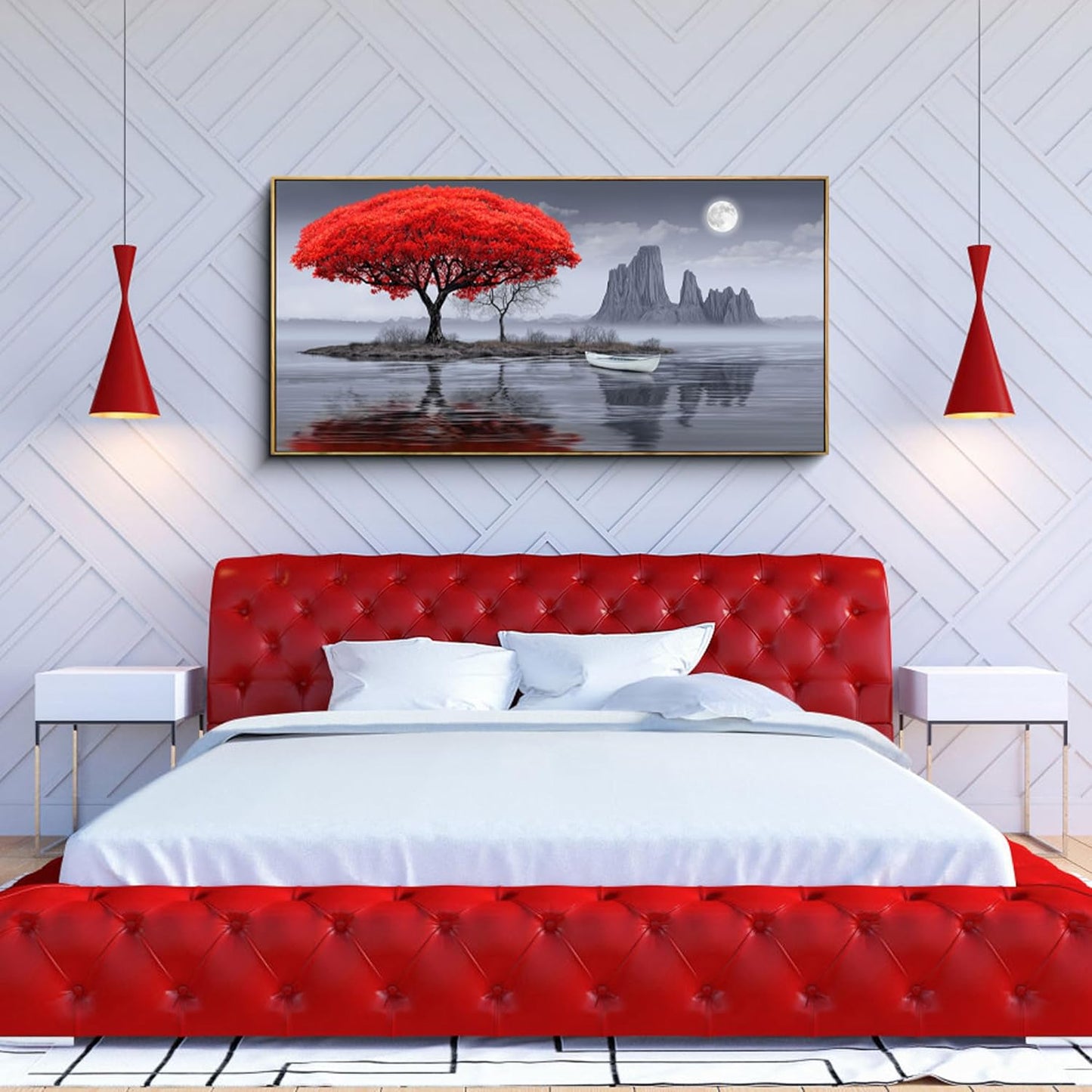 XLSJERST Large Wall Art - Red Room Wall Art Bedroom Decoration Frame Canvas Artwork Moon Landscape Lake Pacture for Living Room Office Black and White Wall Art 24x48 Inches