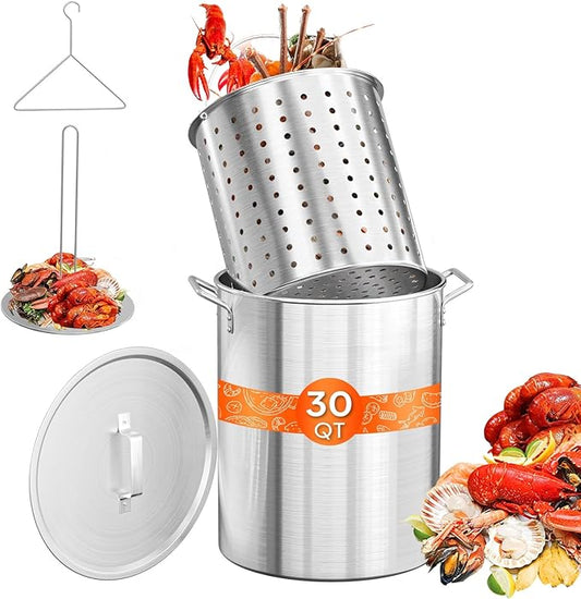 ROVSUN 30QT Turkey Fryer Pot & Seafood Boil Pot with Strainer Basket, Lid, Hook & Steamer, Aluminum Stockpot for Turkey Frying & Crab, Lobster, Shrimp Boiling for Outdoor Cooking & Gatherings