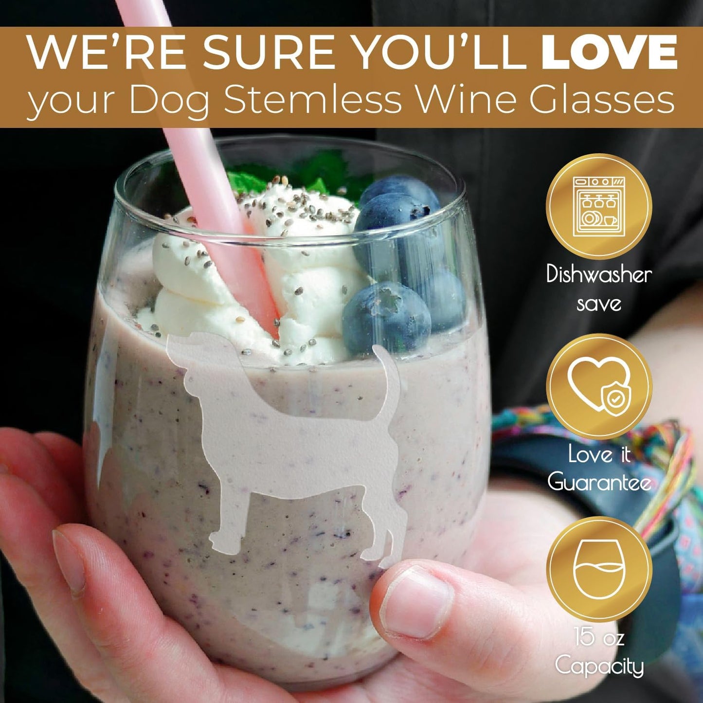 Beagle Stemless Wine Glasses (Set of 2) | Unique for Dog Lovers | Hand Etched with Breed Name on Bottom