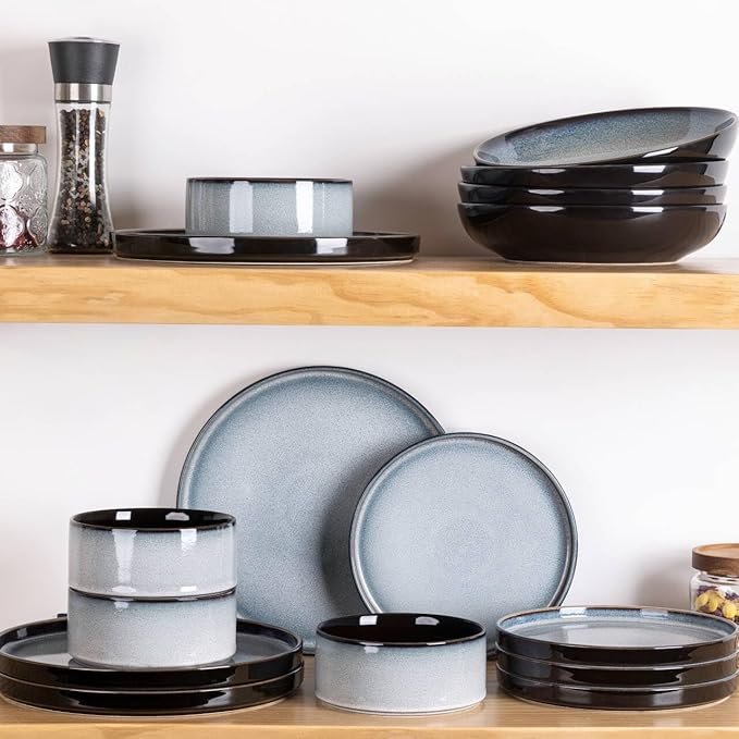 LERATIO Ceramic Dinnerware Sets for 4,Round Reactive Glaze Ceramic Plates and Bowls Set | Dishwasher & Microwave Safe Dishes Set,Service for 4 (12pc)-Gray White