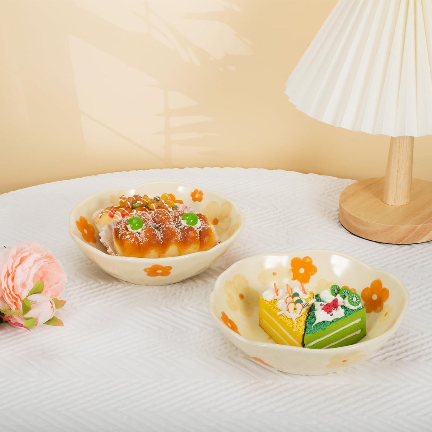 Koythin Salad Bowls, Cute Orange Flower Ceramic Bowls, Cream Yellow Serving Bowl for Pasta, Cereal, Fruit, Soup, Rice, Dishwasher and Microwave Safe (Orange Flower Set of 1)