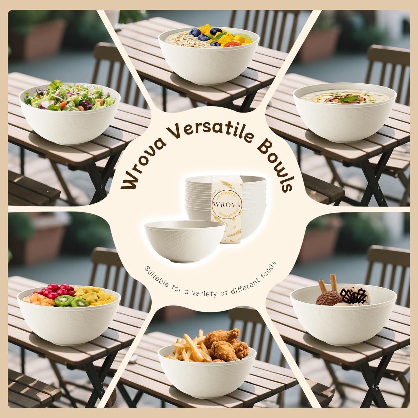 Wrova Beige Wheat Straw Bowls for Cereal and Salad,Alternative Plastic Bowls Set of 6,40oz Unbreakable Soup Bowls suitable for Kitchen,Party,Camping and R.V.