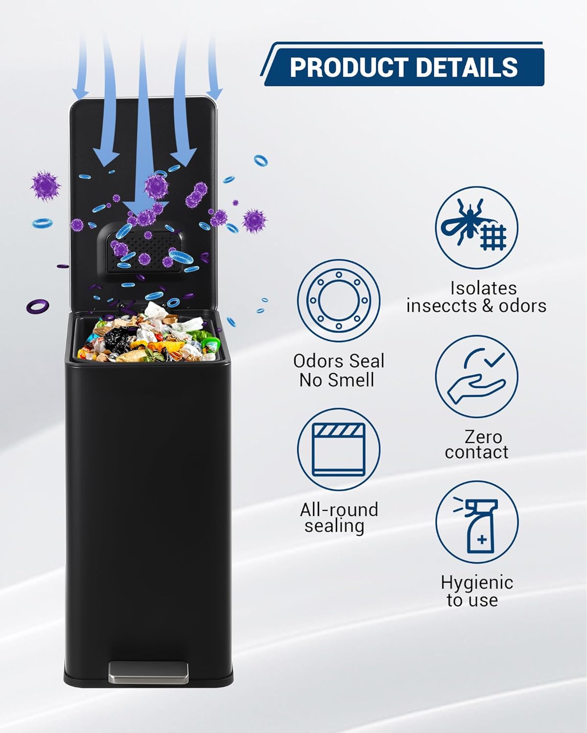 4 Gallon Stainless Steel Trash Can with Soft Close Lid, Step-on Bathroom & Kitchen Garbage Bin, Compact Slim Design with Removable Inner Bucket for Office, Living Room