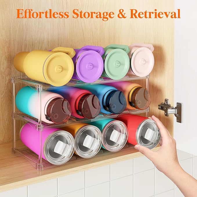 Lifewit Stackable Water Bottle Storage Organizer, Clear Tumbler Cup Mug Organizer, Plastic Large Compartment Wine Rack for Fridge Cellar Kitchen Pantry Storage, 3Tier Hold 12