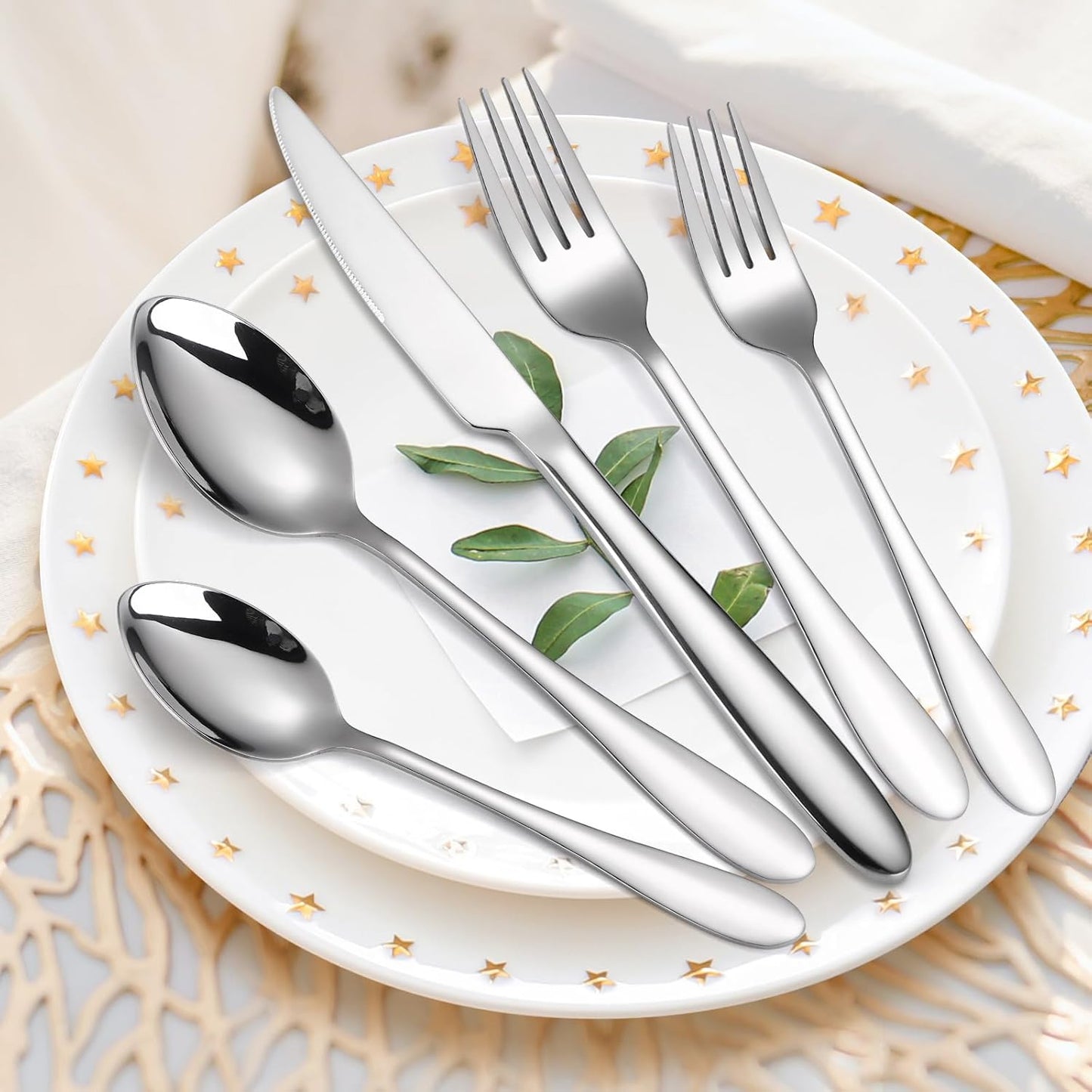 Modern Silverware Heavy Silver Flatware Stainless Steel 40 Pieces Forks Spoons Knives Set Service for 8 for Restaurant Parties and Everyday Utensils
