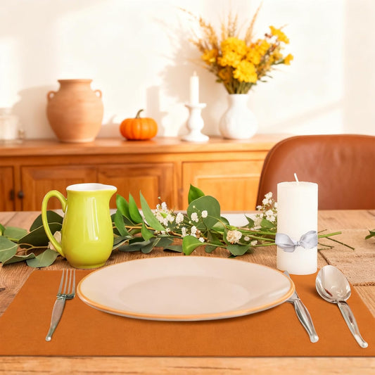 MANSPHIL Fall Orange Placemats Set of 4 Washable Fabric Table Mats Thick Faux Linen Place Mats Heat Resistant Double Layer Wrinkle Free Dining Kitchen Table Decor - 13x19 Inch Oeko Tex Placemat