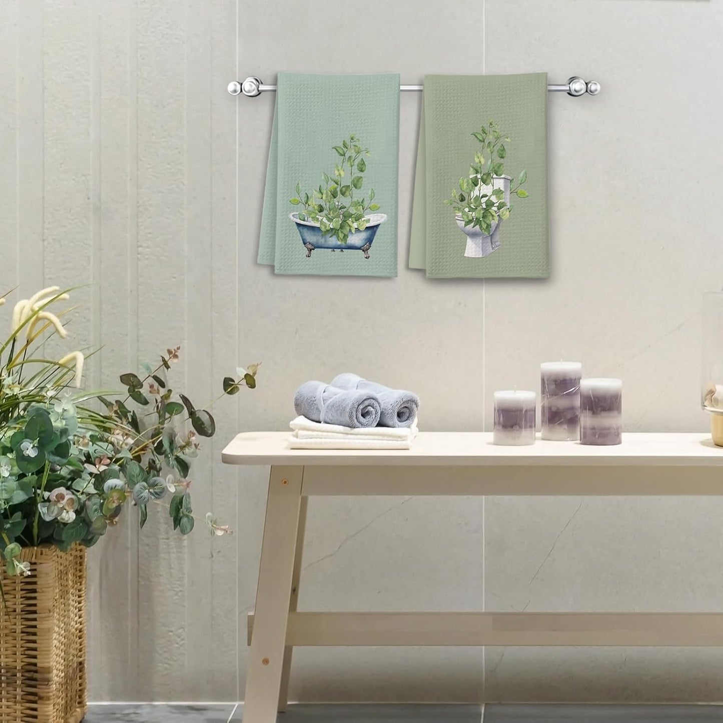 Sage Green Kitchen Towels, Leaves Toilet Bathtub House Hand Towel Set of 2, Farmhouse Gifts for Home Bathroom Holiday Decor - A10