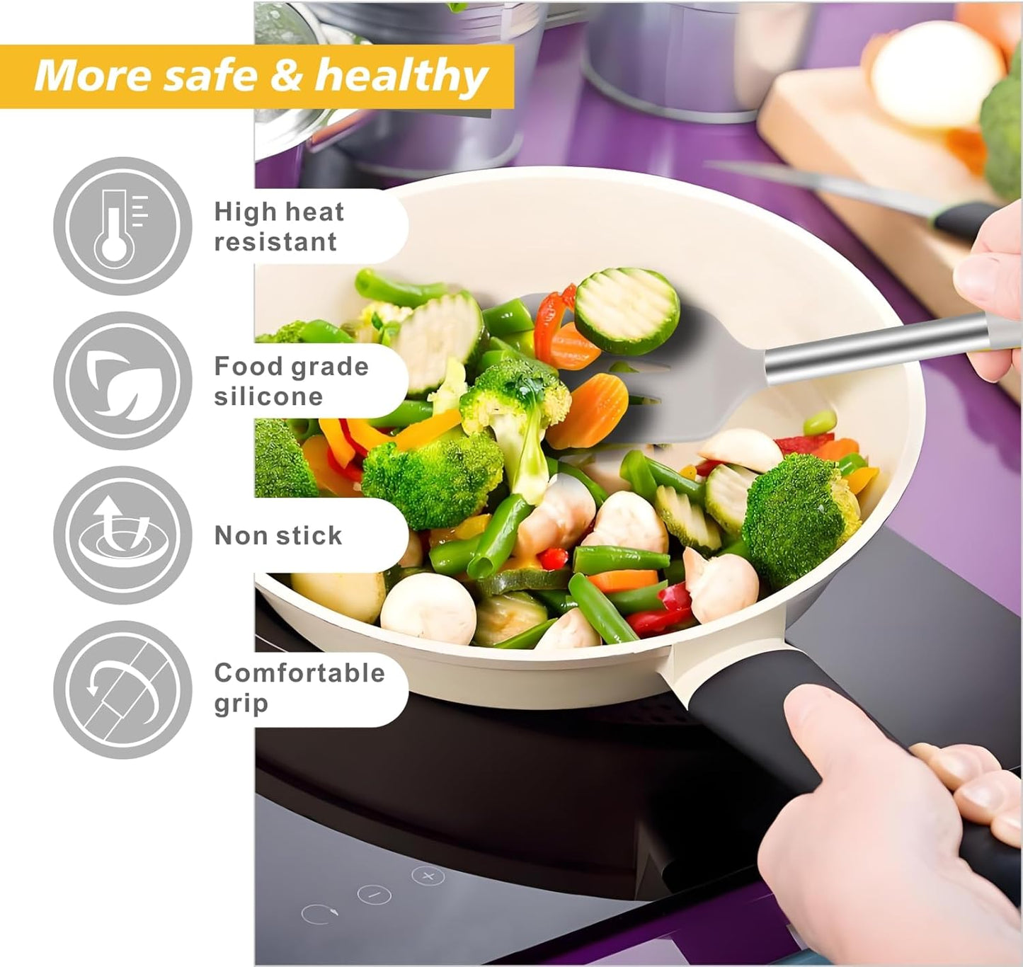 3Piece Silicone Spatula Set, Heat-Resistant, Non-Stick Kitchen Spatulas, BPA-Free, for Eggs, Pancakes, Fish, Woks, Includes Multifunctional shelf spoon pad (gray)