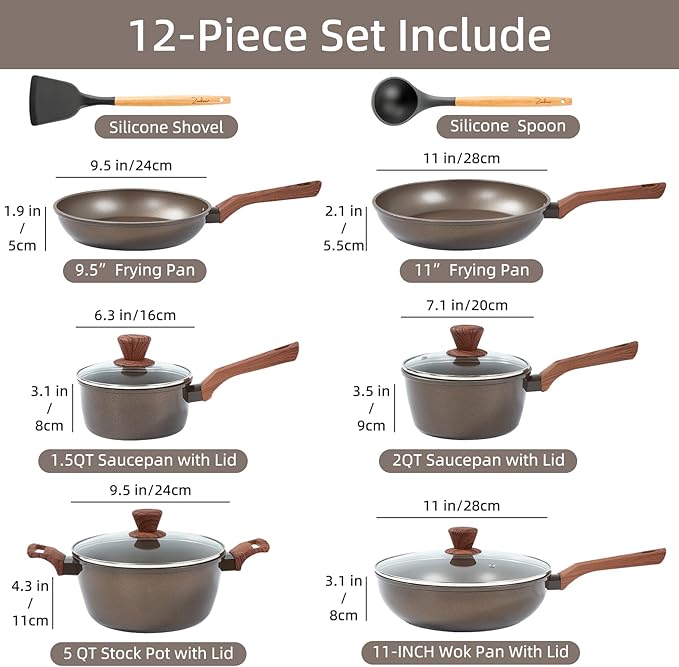 12Pcs Pots and Pans Set, Nonstick Cookware Sets, Non Stick Pots and Pan Set with Frying Pans, Saucepans, Steamer Silicone Shovel Spoon