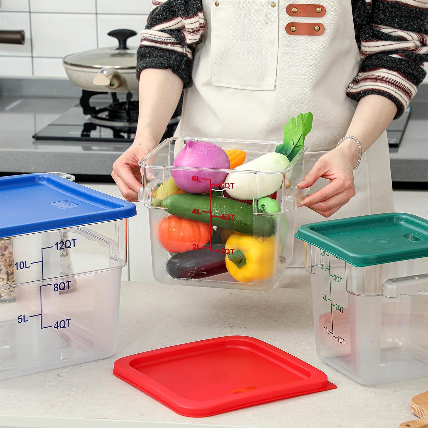 8 Set Square Food Storage Containers with Lid Contains 4 Pcs 6 Qt, 12 Quart and 4 Quart 2 Each, Clear Polycarbonate Commercial Food Storage Container Dough Proofing for Restaurant Home