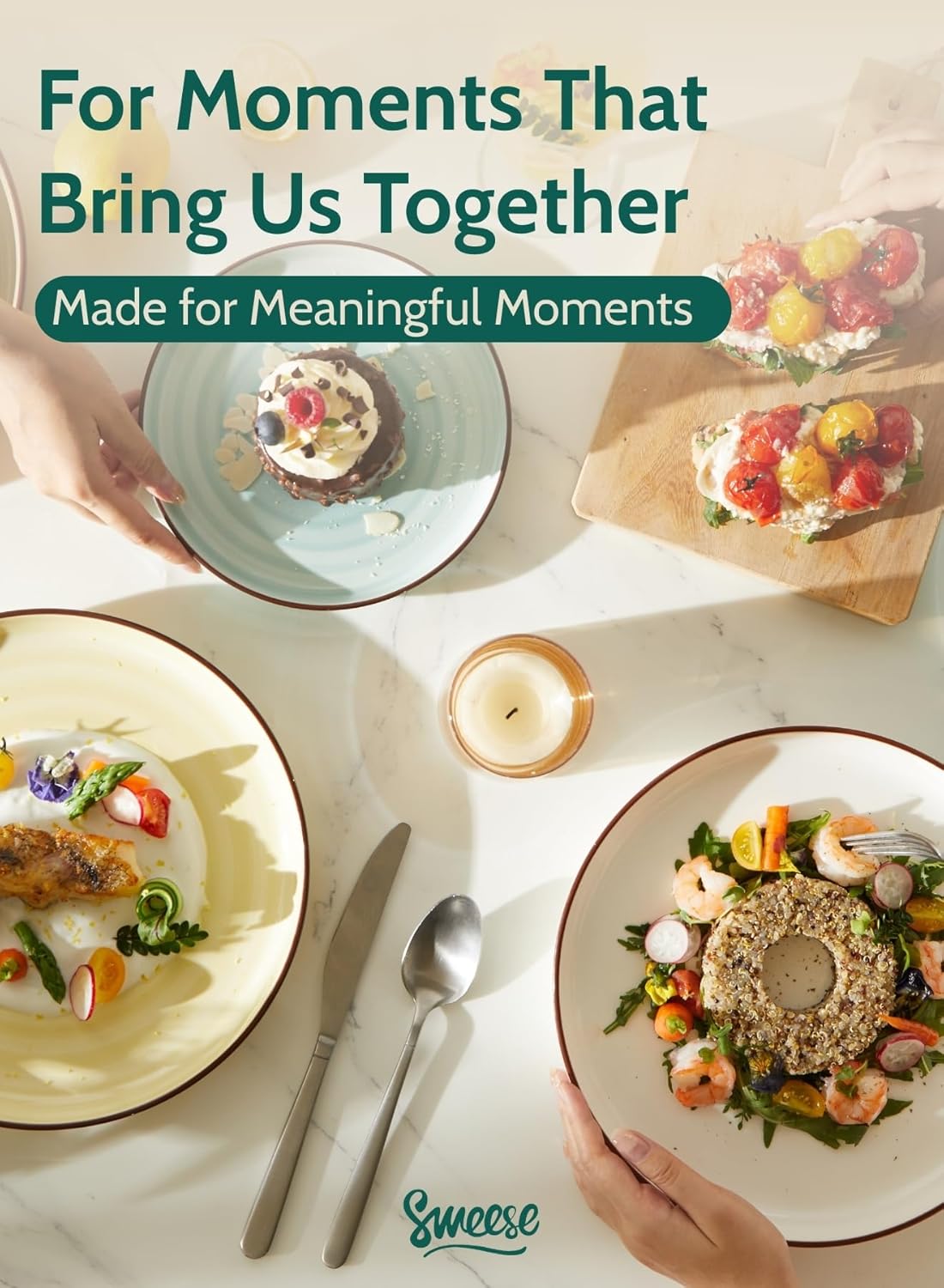 Sweese 10 Inch Porcelain Dinner Plates Set of 6 - Round Green Dishes for Main Courses, Salad, Microwave Dishwasher Safe