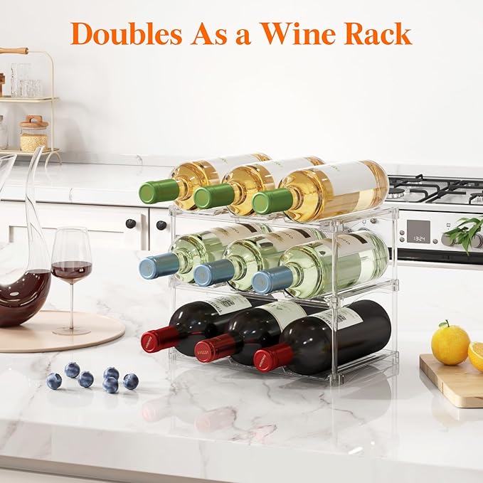 Lifewit Stackable Water Bottle Storage Organizer, Clear Freestanding Wine Bottle Holder for Cabinet, Tumbler Cup Organizer, Plastic Large Compartment Wine Rack for Fridge Cellar, 3Tier Hold 9