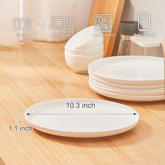 AntoKueh White ceramic plates set of 6, 10.3 Inch round Porcelain plate, 6-piece Salad dishes with shallow Edges for steak, Dessert, Dishwasher/Microwave safe
