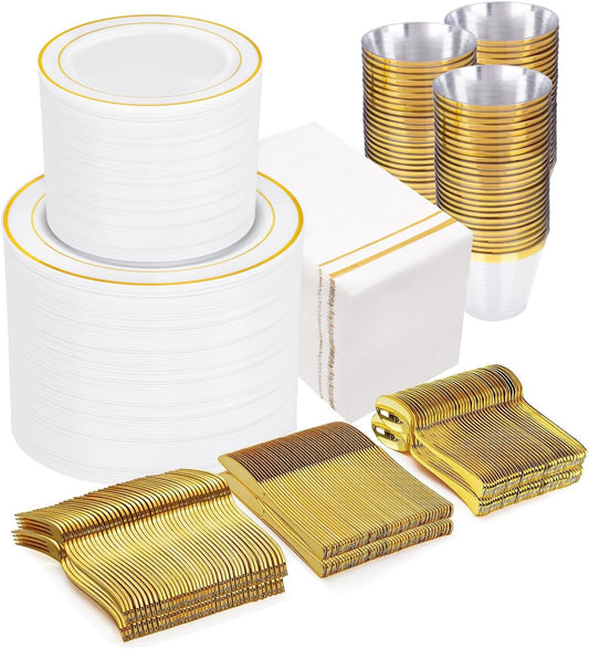 GATHER 700PCS Gold Plastic Plates - Whtie and Gold Disposable Dinnerware Sets 100Guest - 200 Disposable Plate, 300 Plastic Silverware, 100 Cups, 100 Napkins for Wedding & Party & Thanksgiving