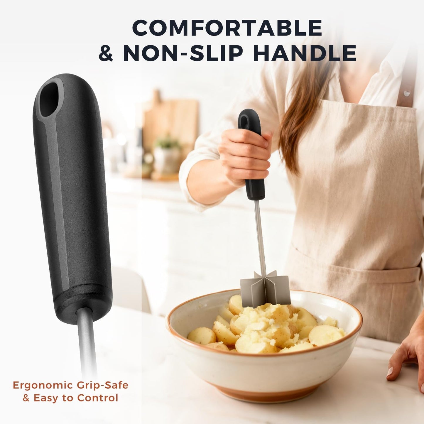 Stainless Steel Meat Chopper & Masher, Coinicxcel 10 Inch Heat Resistant Ground Beef Chopper Tool with 6 Curve Blades & Egonomic Non-Slip Handle, Heavy-Duty Hamburger Smasher Tool Dishwasher Safe