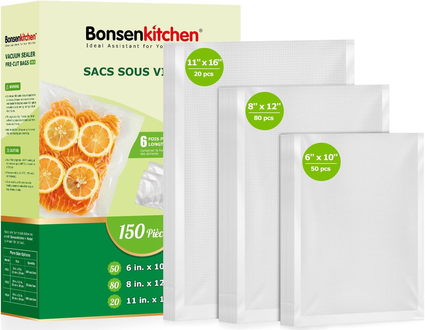 Bonsenkitchen Precut Vacuum Sealer Bags, 20 Gallon 11" x 16"+ 80 Quart 8" x 12"+ 50 Pint 6" x 10", Commercial Grade, BPA Free, Food Sealer Bags for Vac Storage, Meal Prep or Sous Vide Cooking, VB15