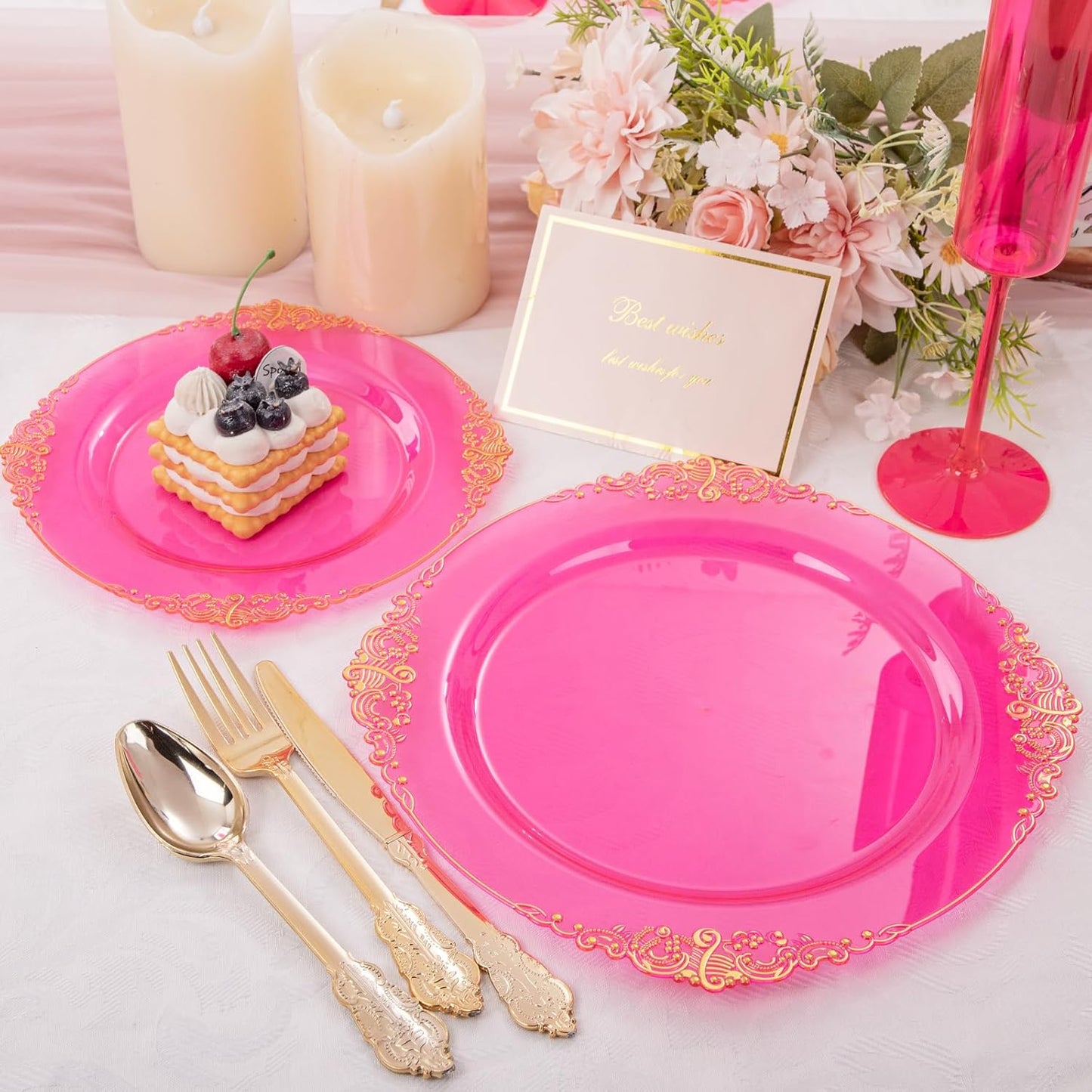 102PCS Clear Hot Pink Plastic Plates - Pink Disposable Plate with Gold Rim - Hot Pink Party Plates Include 51PCS 7.5inch Dessert & 10.25inch Dinner Plate for Wedding Birthday Party