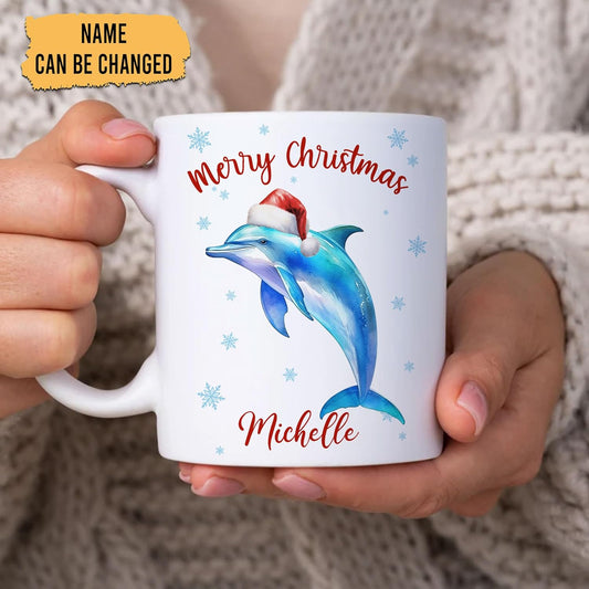 Hyturtle Personalized Gifts Dolphin Lover - Merry Christmas Customized Name Ceramic Coffee Mug Cup 11oz - Cute Sea Animal Lovers Gifts For Women, Girl kids Family On Birthday, Christmas