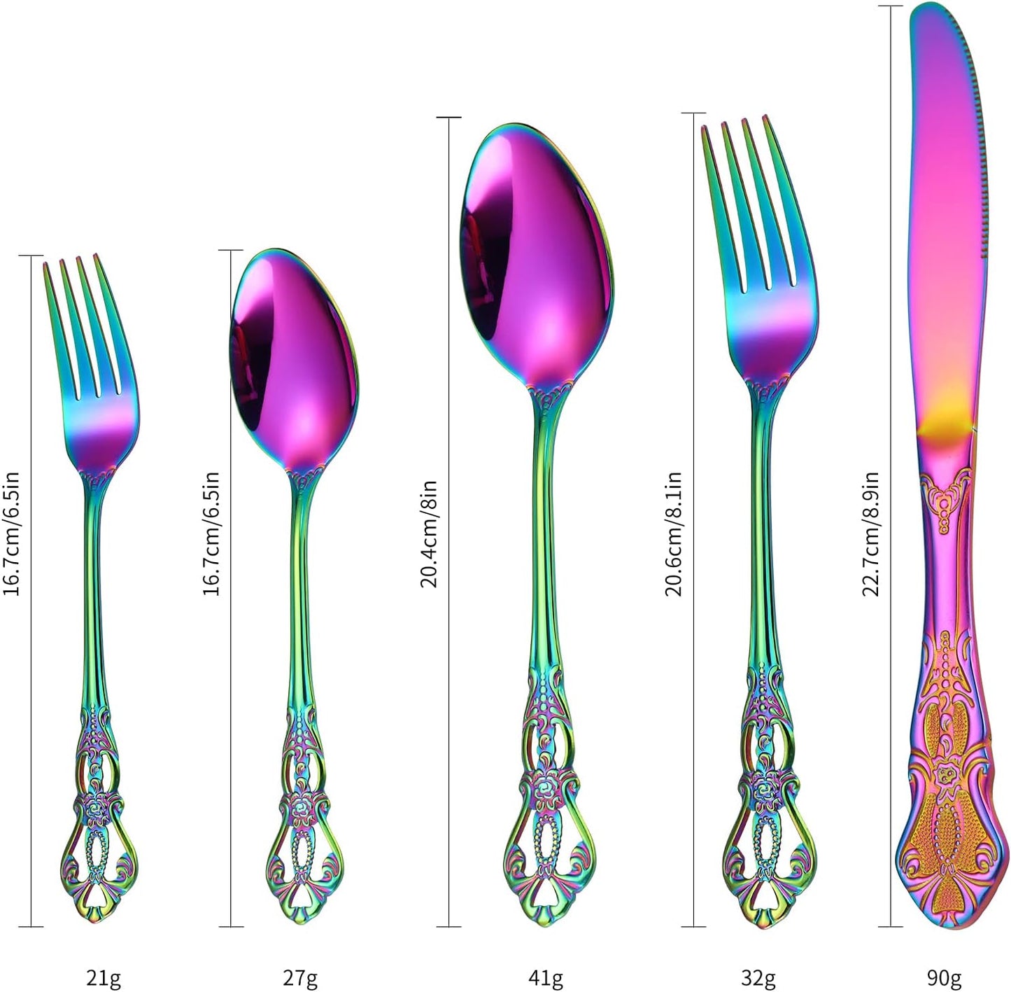 Retro Silverware Rainbow Set for 4 Stainless Steel Flatware 20 Pieces include Knives Spoons Forks With Vintage Relief Design Handle Durable Elegant Festival Parties Kitchen Utensils