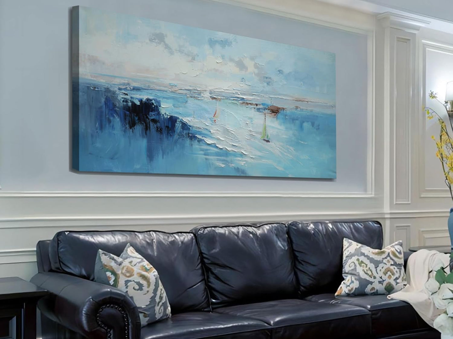 Ardemy Abstract Wall Art for Living Room Extra Large Teal Coastal Sailboat Textured Bedroom Pictures Wall Decor Artwork for Walls Home Office Kitchen Dining Room, 58"x29"